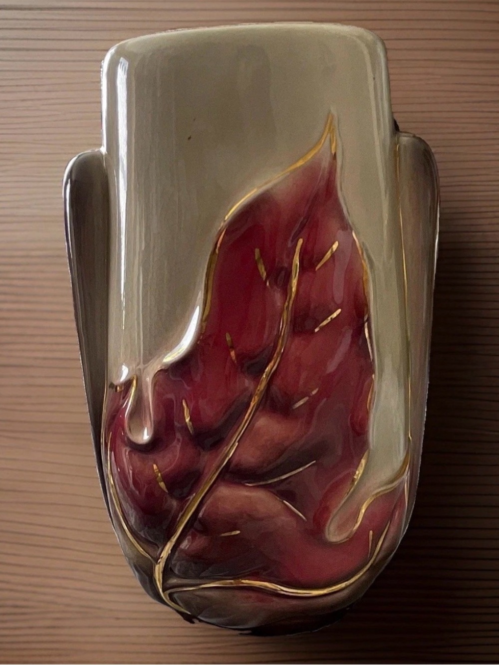 VTG Royal Copley Harmony Leaf Vase MCM Japan Autumn Fall Decor Burgundy Gold